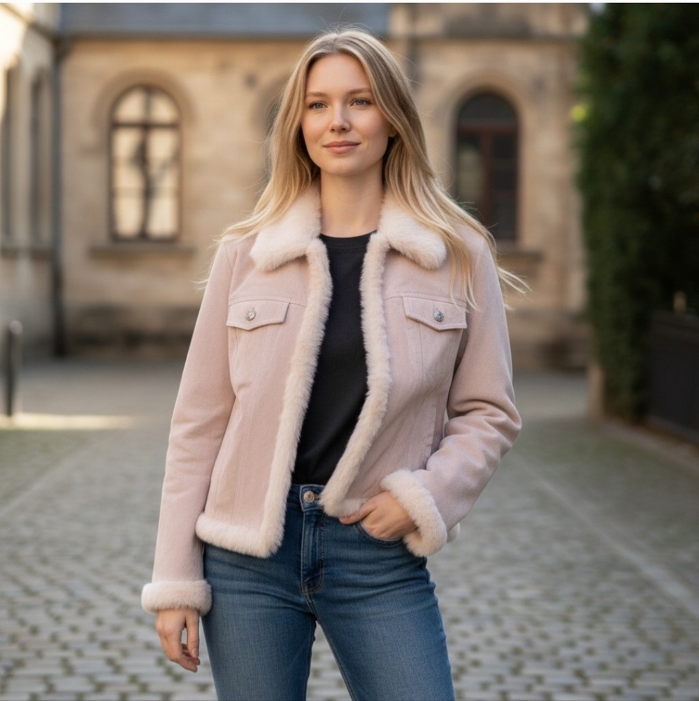 Y2K Wilson’s Leather Maxima Blush Pink Suede Jacket Genuine Rabbit Fur Trim L - Picture 11 of 11